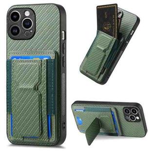 For iPhone 12 Pro Max Carbon Fiber Fold Stand Elastic Card Bag Phone Case(Green)