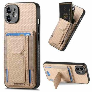 For iPhone 11 Carbon Fiber Fold Stand Elastic Card Bag Phone Case(Khaki)