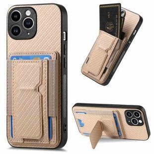 For iPhone 11 Pro Carbon Fiber Fold Stand Elastic Card Bag Phone Case(Khaki)