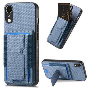 For iPhone XR Carbon Fiber Fold Stand Elastic Card Bag Phone Case(Blue)