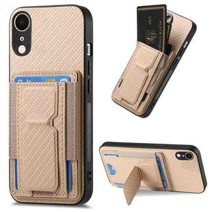 For iPhone XR Carbon Fiber Fold Stand Elastic Card Bag Phone Case(Khaki)