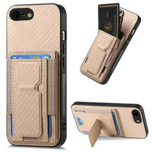For iPhone 7 / 8 / SE 2022 Carbon Fiber Fold Stand Elastic Card Bag Phone Case(Khaki)