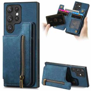 For Samsung Galaxy S22 Ultra 5G Retro Leather Zipper Wallet Back Phone Case(Blue)