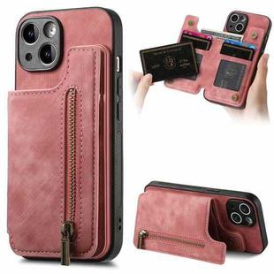 For iPhone 15 Retro Leather Zipper Wallet Back Phone Case(Pink)