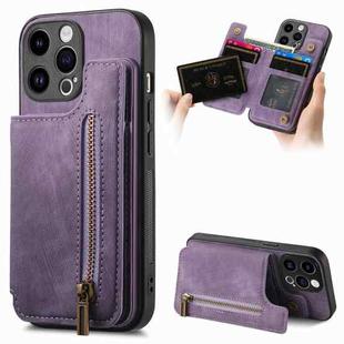 For iPhone 15 Pro Retro Leather Zipper Wallet Back Phone Case(Purple)