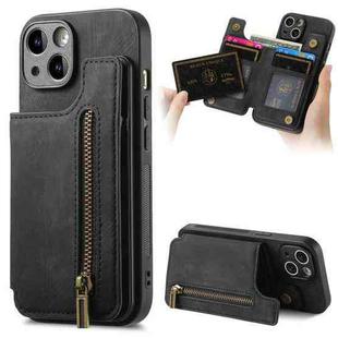 For iPhone 15 Plus Retro Leather Zipper Wallet Back Phone Case(Black)