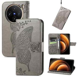 For vivo X100 Butterfly Love Flower Embossed Leather Phone Case(Gray)