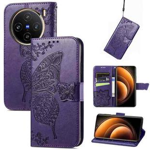 For vivo X100 Butterfly Love Flower Embossed Leather Phone Case(Dark Purple)