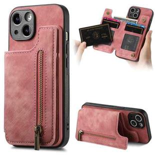For iPhone 14 Plus Retro Leather Zipper Wallet Back Phone Case(Pink)