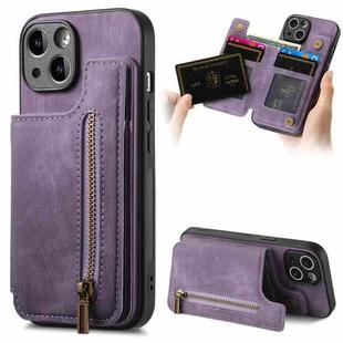 For iPhone 14 Plus Retro Leather Zipper Wallet Back Phone Case(Purple)