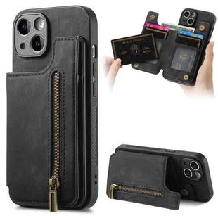 For iPhone 14 Plus Retro Leather Zipper Wallet Back Phone Case(Black)