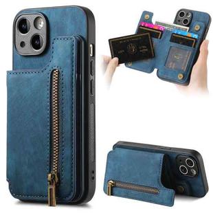 For iPhone 14 Retro Leather Zipper Wallet Back Phone Case(Blue)