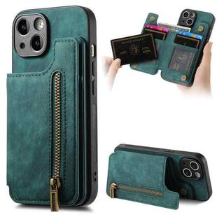 For iPhone 14 Retro Leather Zipper Wallet Back Phone Case(Green)