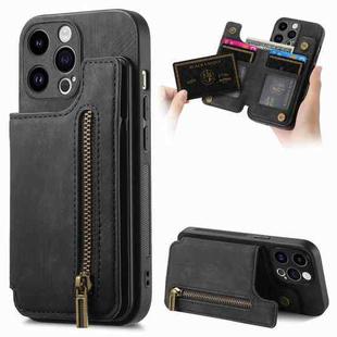 For iPhone 14 Pro Retro Leather Zipper Wallet Back Phone Case(Black)