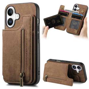 For iPhone 16 Retro Leather Zipper Wallet Back Phone Case(Brown)