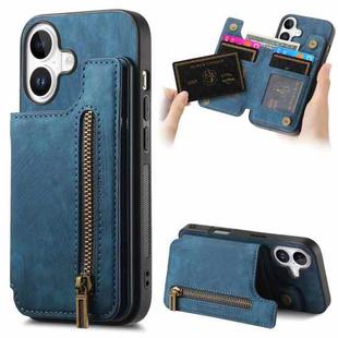 For iPhone 16 Retro Leather Zipper Wallet Back Phone Case(Blue)