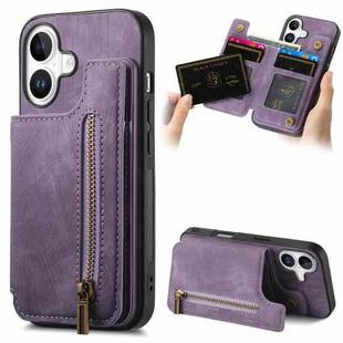 For iPhone 16 Plus Retro Leather Zipper Wallet Back Phone Case(Purple)