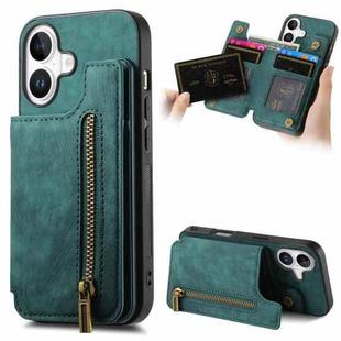 For iPhone 16 Plus Retro Leather Zipper Wallet Back Phone Case(Green)