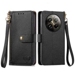 For Realme 12+ Love Zipper Lanyard Leather Phone Case(Black)