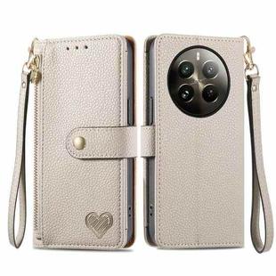 For Realme 12+ Love Zipper Lanyard Leather Phone Case(Gray)