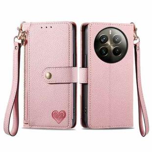 For Realme 12 Pro+ Love Zipper Lanyard Leather Phone Case(Pink)
