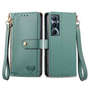 For Realme C65 Love Zipper Lanyard Leather Phone Case(Green)