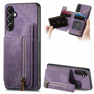 For Samsung Galaxy A55 5G Retro Leather Zipper Wallet Back Phone Case(Purple)