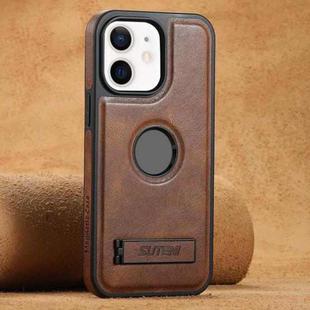 For iPhone 12 Suteni G2 Magsafe Oil Wax Leather Back Phone Case with Holder(Brown)