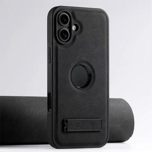 For iPhone 16 Plus Suteni G2 Magsafe Litchi Texture Leather Back Phone Case with Holder(Black)