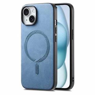 For iPhone 15 Plus Solid Color Retro Magsafe PU Back Cover Phone Case(Blue)