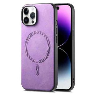 For iPhone 14 Pro Max Solid Color Retro Magsafe PU Back Cover Phone Case(Purple)