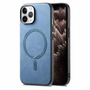 For iPhone 11 Pro Max Solid Color Retro Magsafe PU Back Cover Phone Case(Blue)