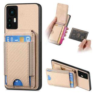 For Xiaomi 12T Pro Carbon Fiber Vertical Flip Wallet Stand Phone Case(Khaki)