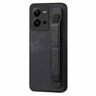 For vivo V25 Retro Wristband Holder Leather Back Phone Case(Black)