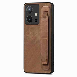 For vivo Y75 5G Retro Wristband Holder Leather Back Phone Case(Brown)