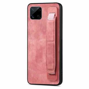 For Realme C15 Retro Wristband Holder Leather Back Phone Case(Pink)