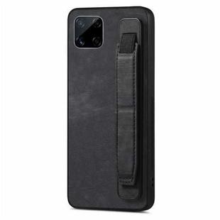 For Realme C15 Retro Wristband Holder Leather Back Phone Case(Black)