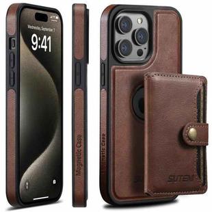 For iPhone 15 Pro Suteni M1 Oil Wax MagSafe Detachable Horizontal Card Bag Phone Case(Brown)