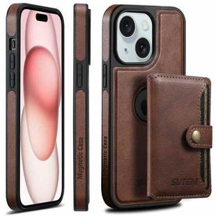 For iPhone 15 Plus Suteni M1 Oil Wax MagSafe Detachable Horizontal Card Bag Phone Case(Brown)