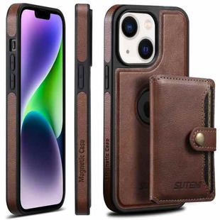 For iPhone 14 Plus Suteni M1 Oil Wax MagSafe Detachable Horizontal Card Bag Phone Case(Brown)