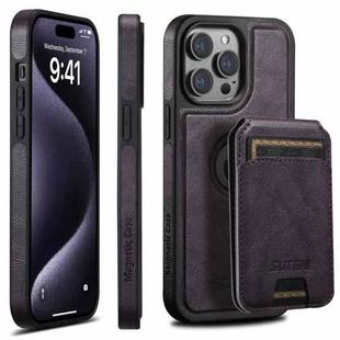 For iPhone 15 Pro Suteni M2 Oil Wax MagSafe Horizontal Card Bag Phone Case(Purple)