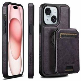 For iPhone 15 Plus Suteni M2 Oil Wax MagSafe Horizontal Card Bag Phone Case(Purple)