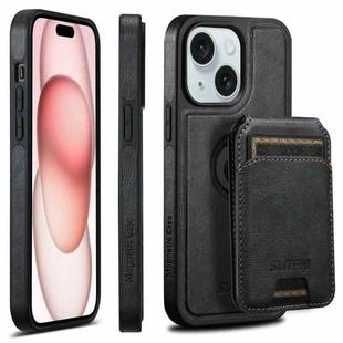 For iPhone 15 Suteni M2 Oil Wax MagSafe Horizontal Card Bag Phone Case(Black)