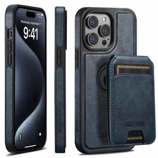 For iPhone 14 Plus Suteni M2 Oil Wax MagSafe Horizontal Card Bag Phone Case(Blue)
