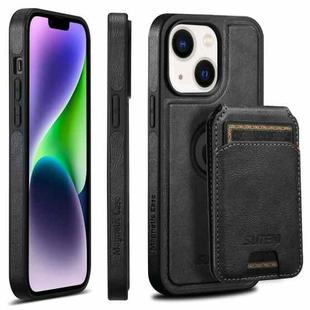 For iPhone 14 Suteni M2 Oil Wax MagSafe Horizontal Card Bag Phone Case(Black)