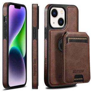 For iPhone 14 Suteni M2 Oil Wax MagSafe Horizontal Card Bag Phone Case(Brown)