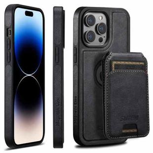 For iPhone 14 Pro Suteni M2 Oil Wax MagSafe Horizontal Card Bag Phone Case(Black)