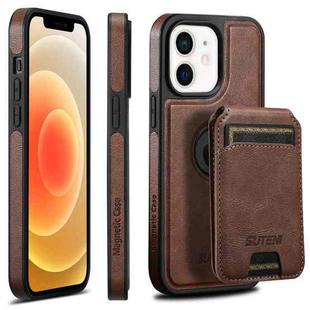 For iPhone 12  Suteni M2 Oil Wax MagSafe Horizontal Card Bag Phone Case(Brown)