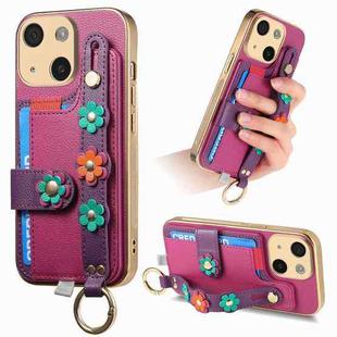 For iPhone 15 Stereoscopic Flowers Wristband Card Bag Phone Case(Purple)