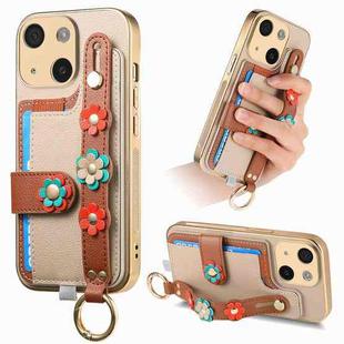 For iPhone 15 Stereoscopic Flowers Wristband Card Bag Phone Case(Khaki)